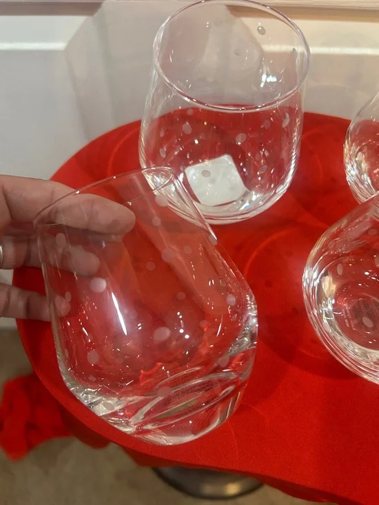 kate spade Clear Stemless Wine Glass with Green Base and White/silver Polka Dots - Picture 5 of 5